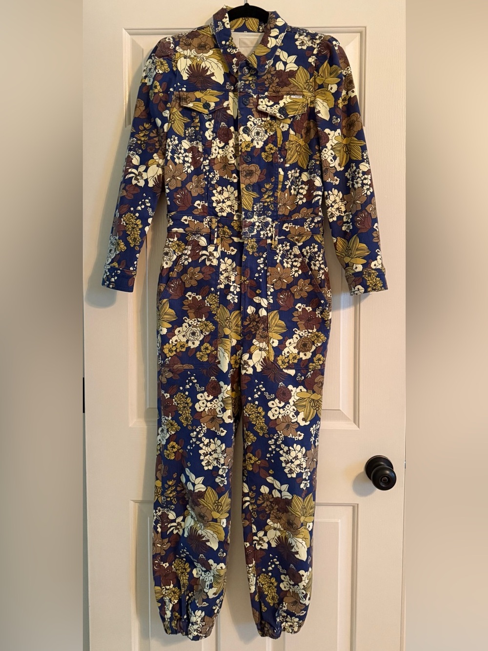 MOTHER Navy Blue women’s jumpsuit Floral with Brown and Cream Accents